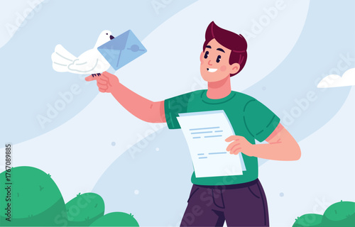 A young man holds a letter in his hand and watches a pigeon carrying an envelope. The illustration is perfect for communication topics, message delivery, and classic communication methods. A character