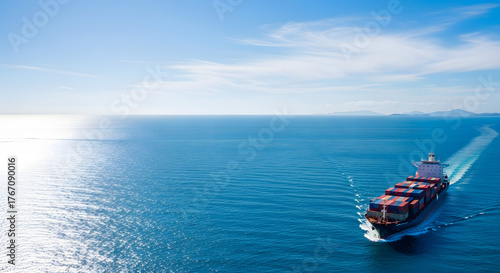 Majestic cargo ship navigates vast ocean expanse under clear blue sky, symbolizing global trade and logistics.