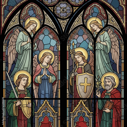 Remembrance and devotion for All Saints' Day Stained glass depicting altars and angelic figures in solemn prayer