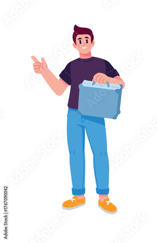 Illustration of a man with a metal briefcase. Storing things in a bank safe or a storage room. Business processes. Suitable for creating characters, infographics, and design projects.