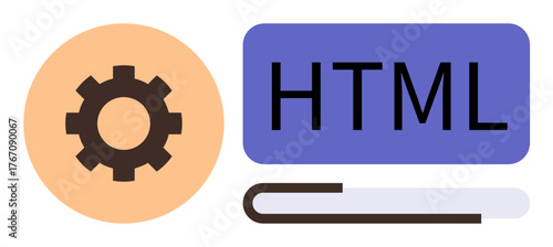 Gear icon next to HTML tag symbolizing programming, coding, web development, and technology. Ideal for software development, coding, learning, tech tutorials, platforms applications simple flat