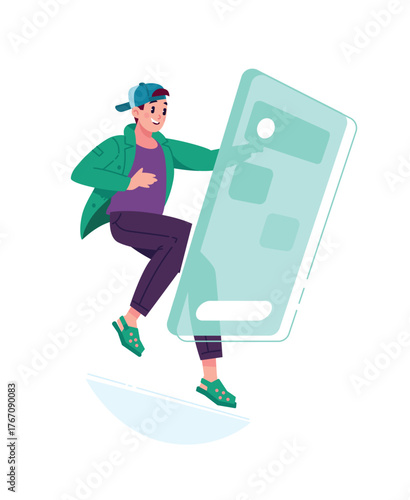 Illustration of a young guy in front of a large smartphone screen in zero gravity. The application interface. Log in to your personal account. Image for design projects, website and printing, mockup d