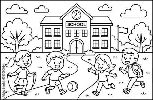 hand drawn vector doodle illustration of School Yard coloring page for kids line art