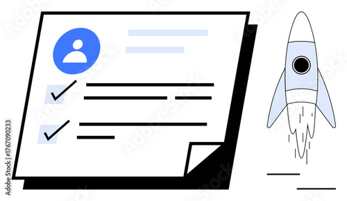 Profile checklist with marked tasks and rocket ready for launch conveying achievement, productivity, goal setting. Ideal for business planning, personal growth, education, success, motivation