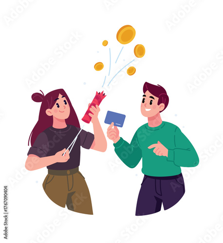 A young man and a girl surrounded by coins, with a bank card. The account balance. The image of financial technology and digital payments. The concept of payment, finance, and online shopping. Banking