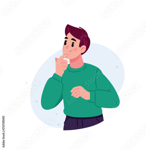 An illustration of a young guy looking thoughtfully into the distance or at the text in the layout. Illustration for design projects, website and printing, mockup design, as well as banners.