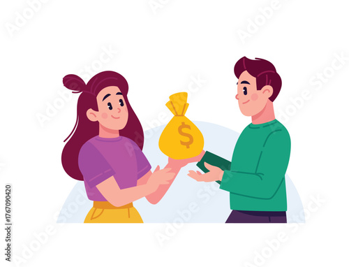 A young man and a girl are holding a bag of dollars. A joint budget. Account balance. The image of financial technology and digital payments. The concept of payment, finance, and online shopping. Bank