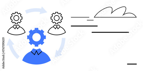 Team members connected by cogs with arrows symbolizing process flow, automation, or teamwork. Ideal for concepts thumbs up workflow, innovation, process, teamwork, connection, management simple flat