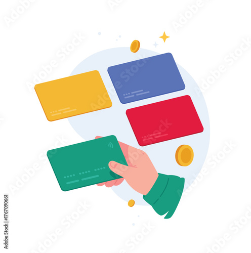 An illustration of a hand in a green sleeve holding a bank card, against the background of three other multicolored cards and gold coins. An image for the website and printing industry. The concept of