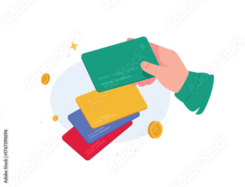 Illustration of a hand holding a bank card. Debit or credit card. A symbol of non-cash payments and banking services. The concept of cashless payment and finance. Online bank card payment.