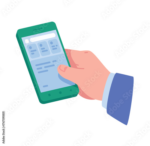 Illustration of a hand holding a smartphone. The application interface on the phone screen. A symbol of non-cash payments and banking services. The concept of cashless payment and finance. NFC payment