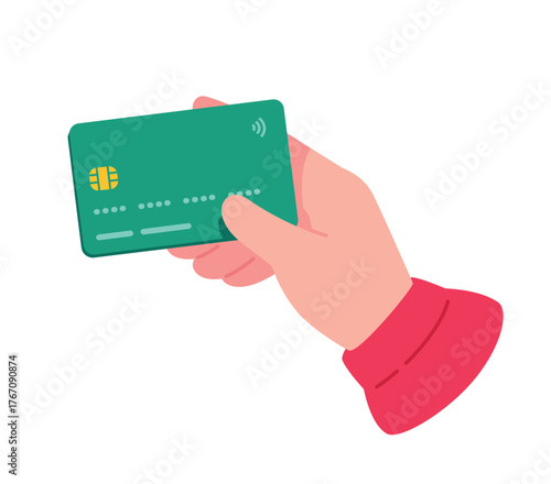 Illustration of a hand holding a bank card. Debit or credit card. A symbol of non-cash payments and banking services. The concept of cashless payment and finance. Online bank card payment.