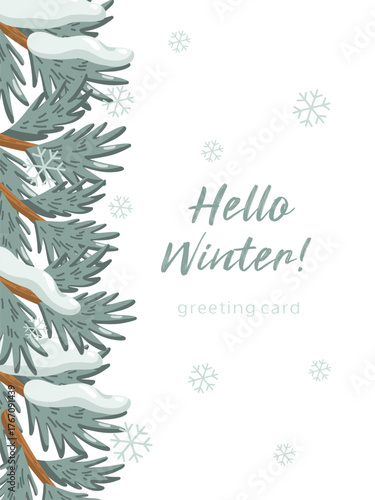 Hello Winter greeting card with snowy pine branches and snowflakes. Winter poster. Hand drawn vector isolated illustration. 