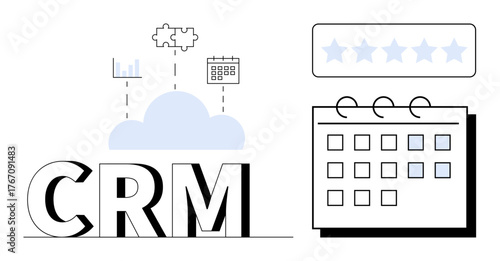 CRM text with cloud, calendar, puzzle, charts, and five-star review elements representing customer relationship management. Ideal for CRM tools, business, organization, teamwork planning customer