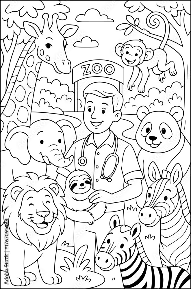 Fototapeta premium hand drawn vector doodle illustration of fairy tale characters in the zoo coloring page for kids line art