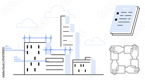Blueprint-inspired buildings under construction, team collaboration symbolized by interconnected hands, and engineering documents. Ideal for architecture, teamwork, engineering, urban planning