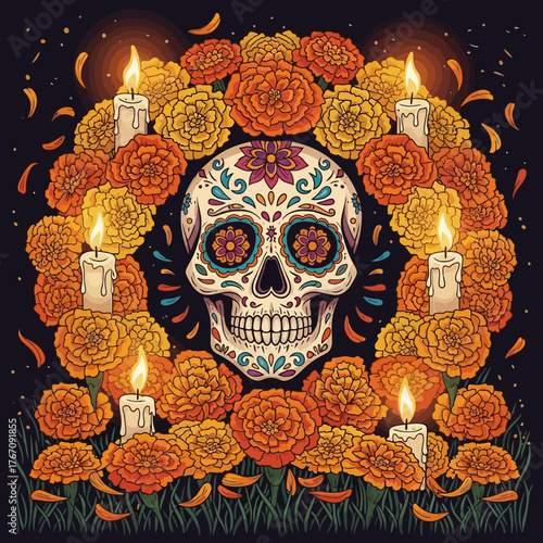 Vibrant Day of the Dead Sugar Skull Illustration with Marigold Wreath and Lit Candles, a Festive Celebration of Life and Memory Featuring Ornate Skulls