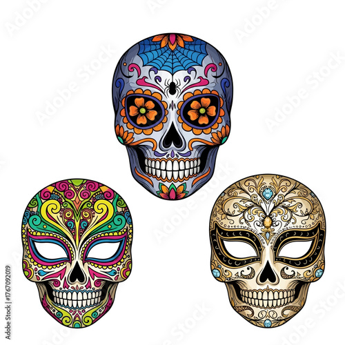 Day of the Dead Sugar Skull Skulls Decorative Calaveras, Festive Designs, and Mask Illustrations