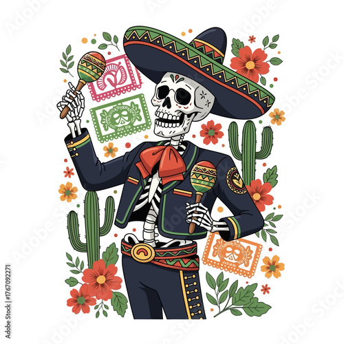 Day of the Dead skeleton mariachi with festive sugar skull patterns, maracas. A vibrant tribute to Skulls and Mexican culture