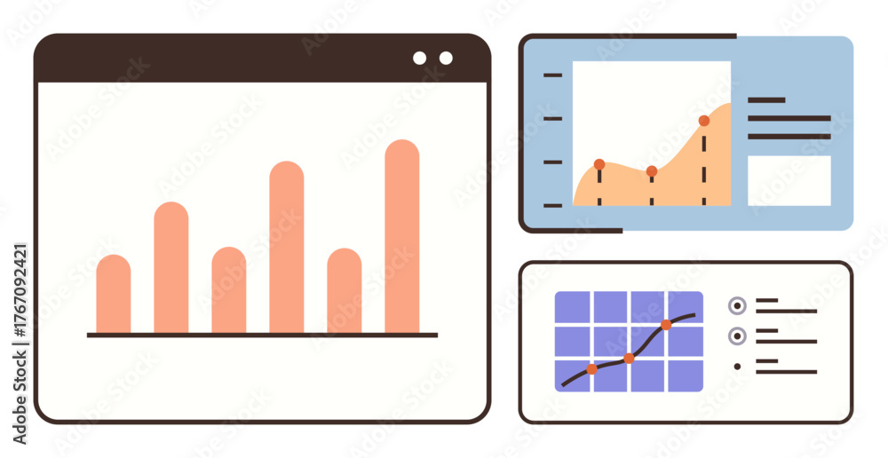 Obraz premium Bar graph, line graph, and grid chart showcase analytics and trends in data dashboards. Ideal for business, technology, finance, marketing, research education project management. Simple flat