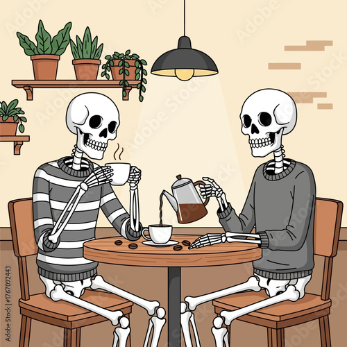 A macabre yet charming scene of two skeletons enjoying coffee on the Day of the Dead, reminiscent of sugar skull art and decorated with various plants, offering a unique twist on common skull imagery