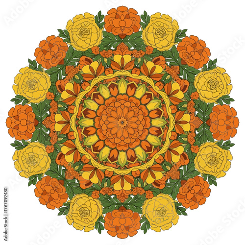 Vibrant floral marigold mandala, an intricate design evoking the festive spirit and rich traditions of Day of the Dead, reminiscent of colorful sugar skull artistry and symbolic Skulls