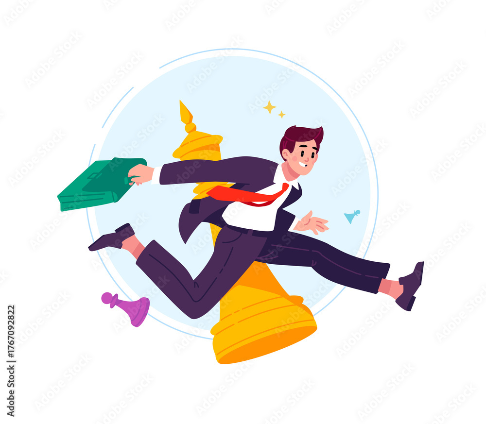 Naklejka premium Illustration of a man in a business suit running with a briefcase. A businessman overcomes chess pieces, symbolizes business strategy, career growth and success in business 