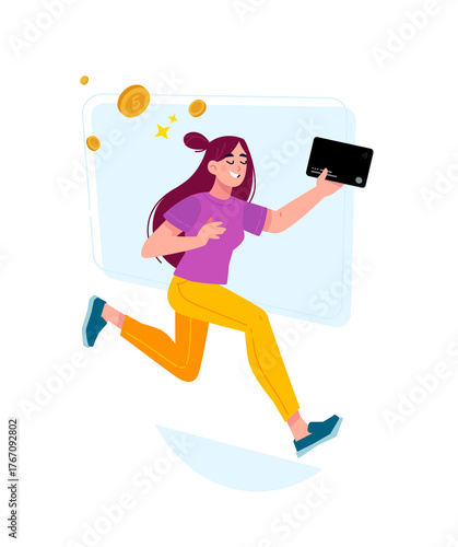 Obraz na płótnie Illustration of a girl in yellow pants and with a bank card