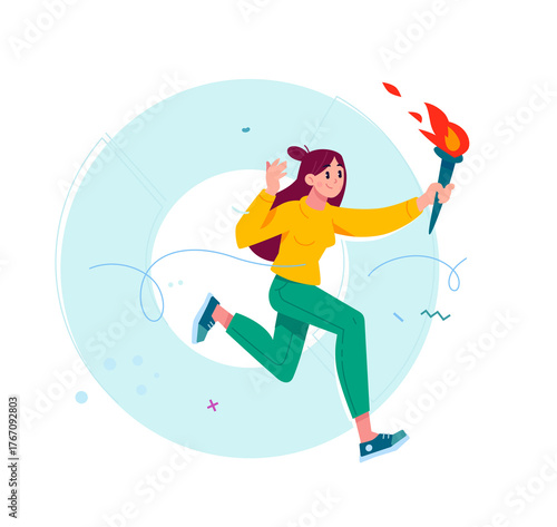 A girl runs with a torch, an atmosphere of inspiration and victory. Vector. There are dynamic elements around, symbolizing movement and success. An illustration on motivation, athletic achievements