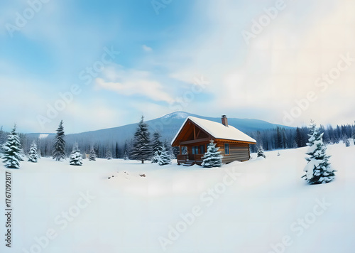 wooden cabin in snowy winter landscape