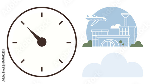 Clock pointing at time, airplane flying near the airport, and clouds represent travel, schedules, aviation, punctuality, journey, planning and efficiency. Ideal for logistics tourism and time