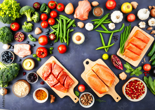 fresh ingredients for healthy cooking on dark background