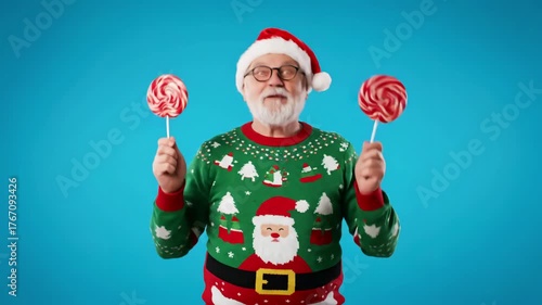 Wallpaper Mural Green Screen senior grandfather old man in christmas sweater hat holding candy striped lollipops fooling around dancing making silly faces isolated on blue background happy new yearcelebration merry Torontodigital.ca