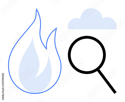 Flame, cloud, and magnifying glass emphasizing exploration, innovation, technology, data, research, digital analysis connectivity. Ideal for discovery digital search research trends simple flat