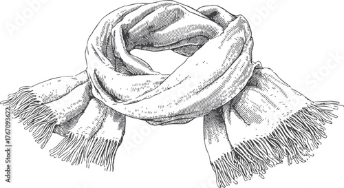 Scarf with fringe hand drawn sketch line art illustration — stock vector