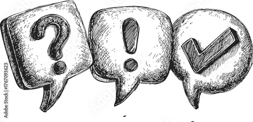 Speech bubbles with question mark, exclamation point, checkmark symbols hand drawn sketch — stock vector