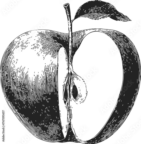 Apple half sketch, hand drawn style, detailed cross section with stem and leaf — stock vector