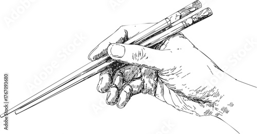 Hand holding chopsticks sketch, hand drawn line art isolated on white — stock vector