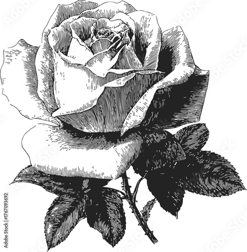 Rose sketch hand drawn detailed flower with leaves botanical engraving — stock vector