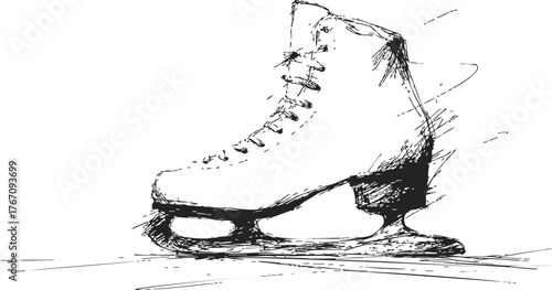 Ice skate sketch, hand drawn vector, single boot gliding on ice surface — stock vector