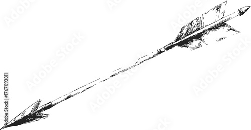 Arrow sketch hand drawn style with detailed fletching and pointed tip — stock vector