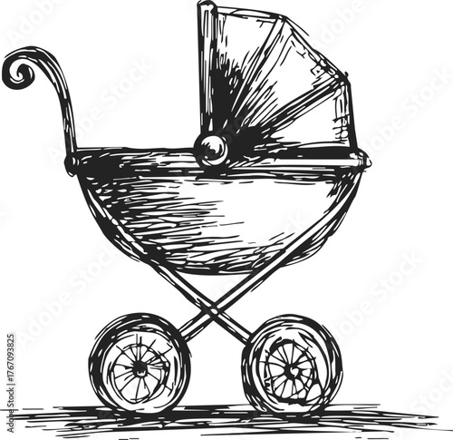 Baby carriage sketch, hand drawn vintage pram with canopy and large wheels — stock vector