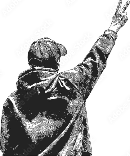 Man in cap raising hand showing peace sign, sketch hand drawn style — stock vector