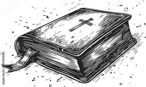 Bible sketch hand drawn style with cross on cover and ribbon bookmark — stock vector