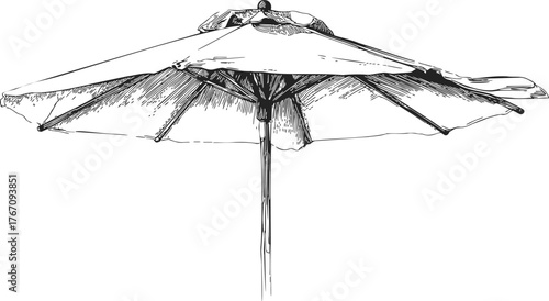 Beach umbrella sketch, hand drawn style, detailed canopy and pole, isolated on white — stock vector