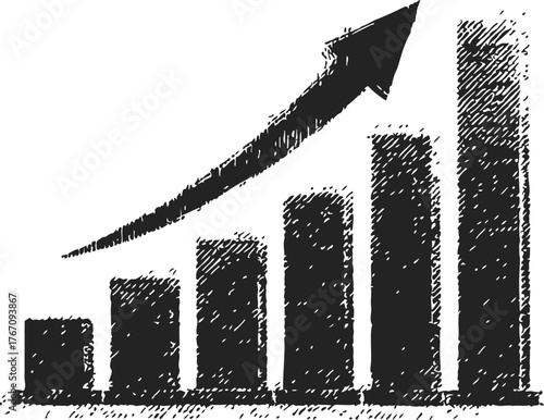 Bar chart sketch hand drawn with upward arrow showing growth trend — stock vector
