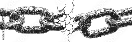 Broken chain sketch, hand drawn style, cracked metal links breaking apart — stock vector