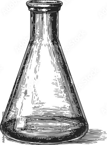 Erlenmeyer flask sketch, hand drawn laboratory glassware with conical body and narrow neck — stock vector