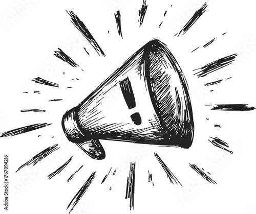 Megaphone sketch hand drawn with exclamation mark and sound lines — stock vector
