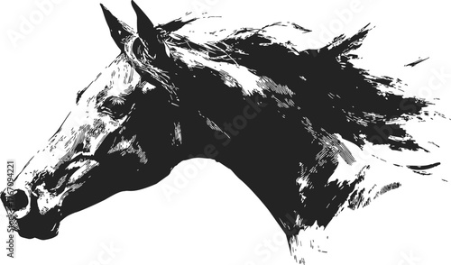 Horse head sketch, hand drawn vector, dynamic flowing mane, black and white art — stock vector